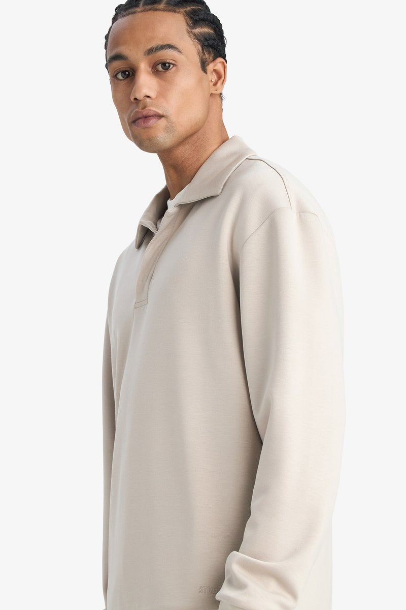 DeFacto Beige Man Standard Fit Stand Collar Modal Sports Sweatshirt Casual - Image 3